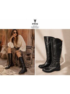 FRYE Black Leather Tall Riding Boots Size 8 Made in Spain Goodyear Welt Buckle